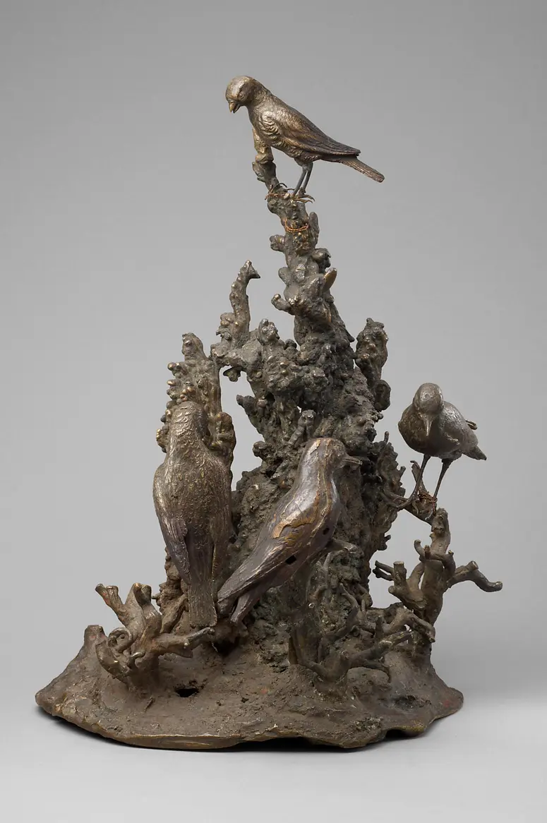 Statuette, Kleinbronze, Bronze, Baumstamm mit Vögel