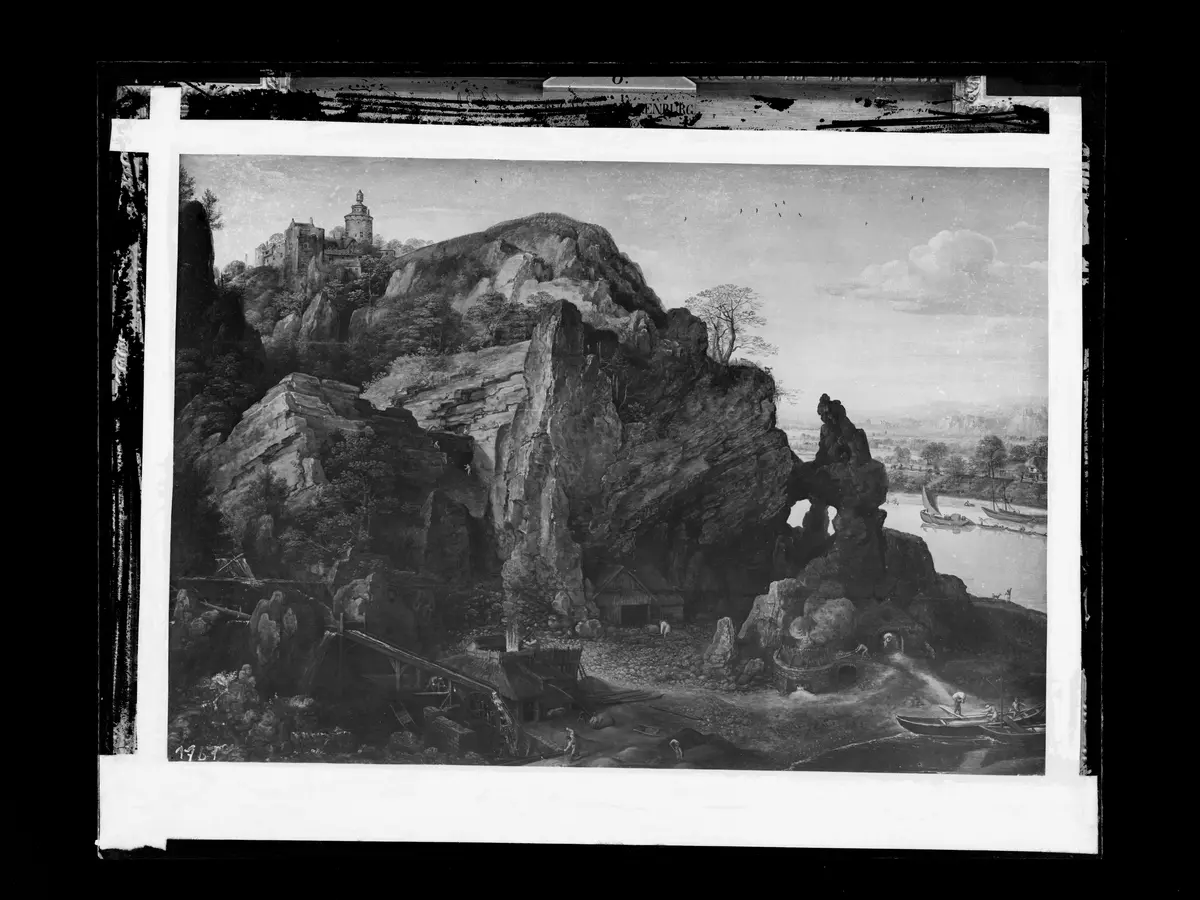 Maaslandschaft mit Bergwerk und Schmelzhütten