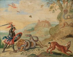 Ansichten aus den vier Weltteilen mit Szenen von Tieren: Guarmen
