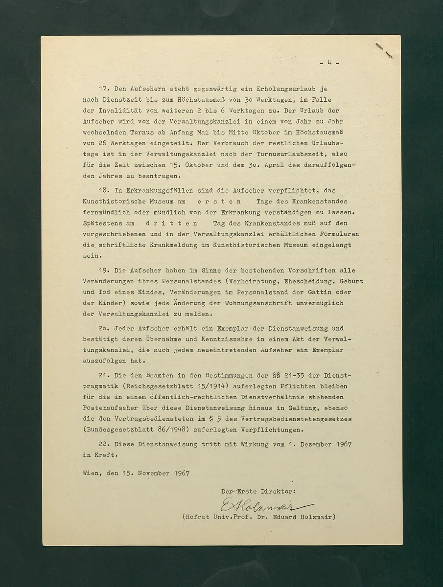 Dienstanweisungen für Postenaufseher, Portiere, die Telephonzentrale, Oberaufseher, Nachtportiere und Nachtaufseher, für den Wochendienst der Beamten und der Verwaltungskanzlei