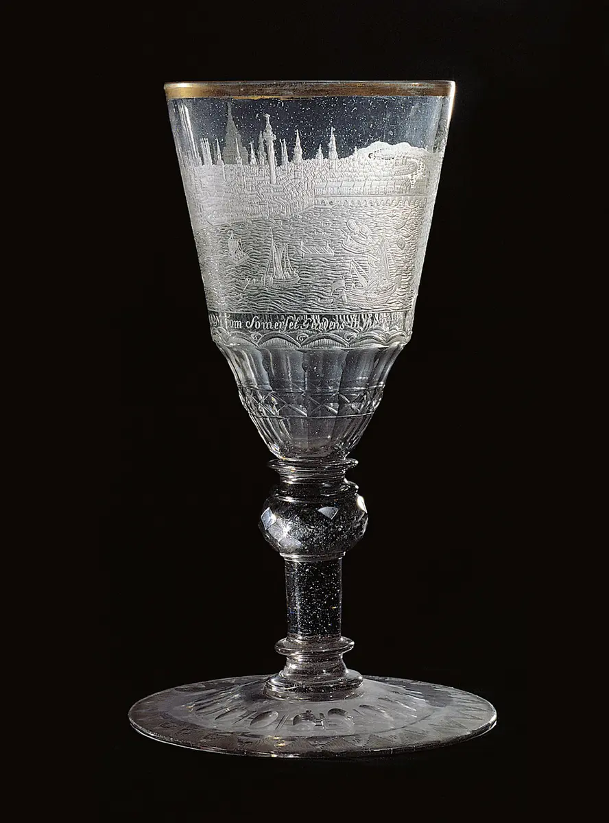 Pokal mit Ansicht der Stadt London und ihres Hafens