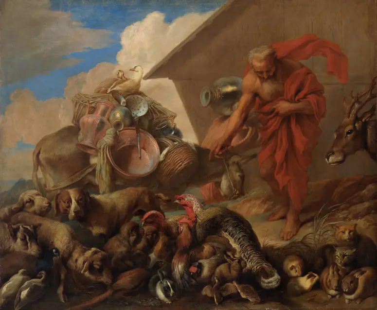 Noah mit den Tieren vor der Arche