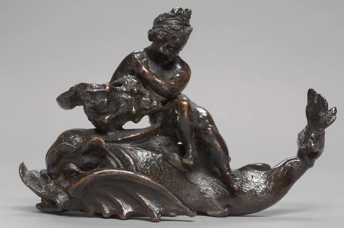 Putto auf einem Delphin reitend; Tintenfaß