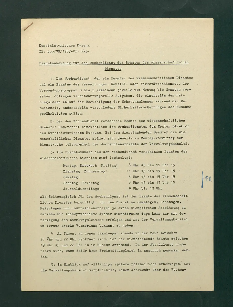 Dienstanweisungen für Postenaufseher, Portiere, die Telephonzentrale, Oberaufseher, Nachtportiere und Nachtaufseher, für den Wochendienst der Beamten und der Verwaltungskanzlei