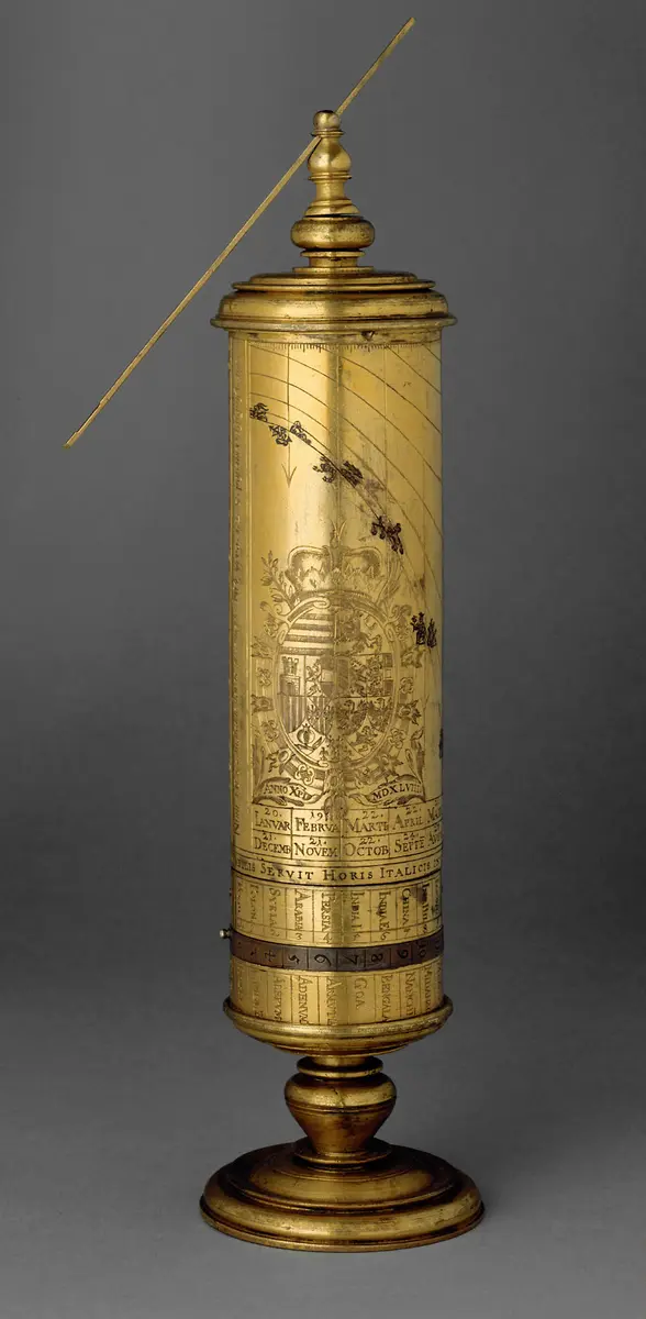Zylinderförmige Sonnenuhr mit dem Wappen des nachmaligen Kaisers Maximilian II.