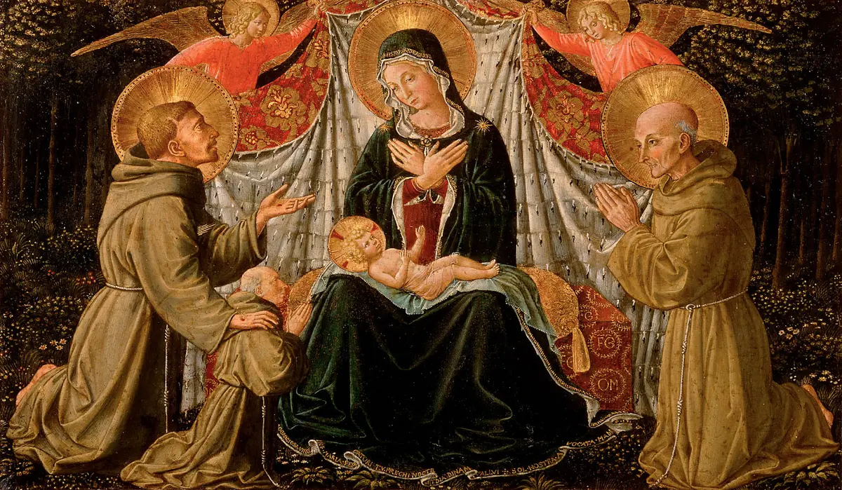 Maria mit Kind, hl. Franziskus, dem Stifter Fra Jacopo da Montefalco (links) und hl. Bernardin von Siena (rechts)