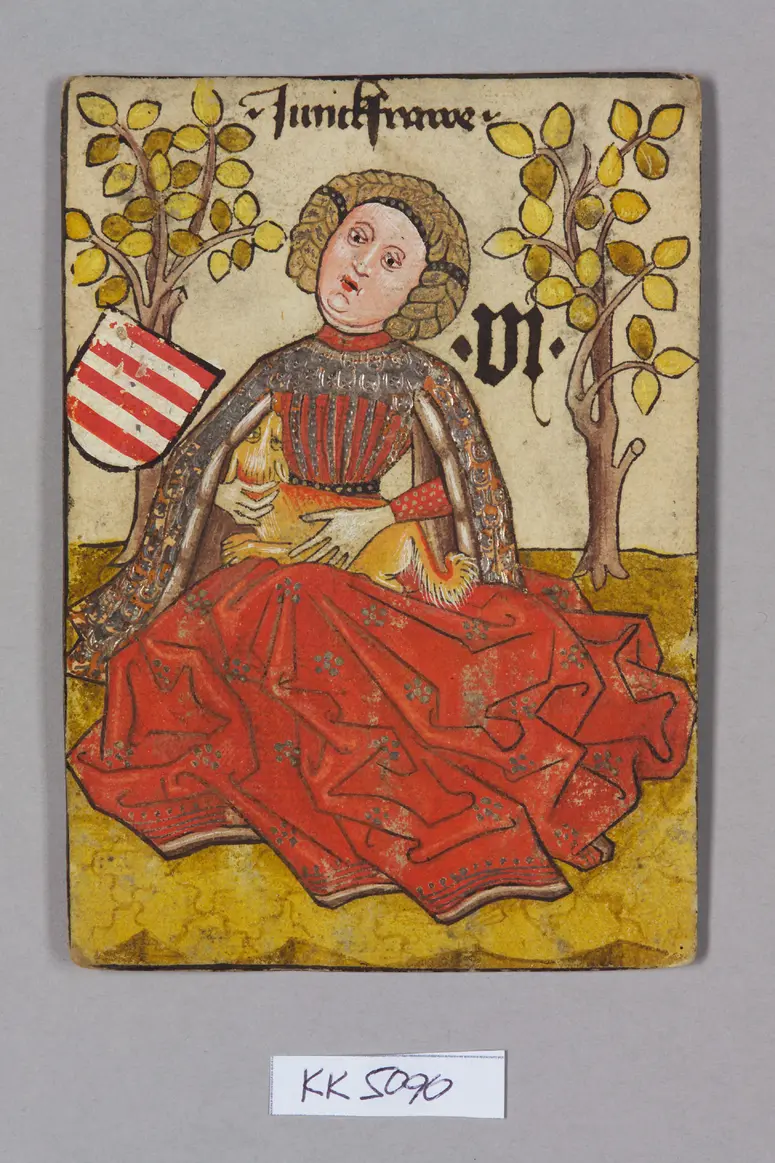 Spielkarte, Ungarn, Jungfrau (Sechs), aus dem sog. Hofämterspiel