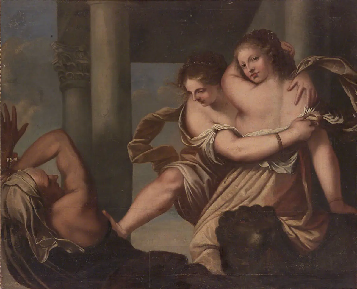 Allegorie (Eine junge Frau umfängt eine andere und stößt mit dem Fuß eine alte Frau von sich)