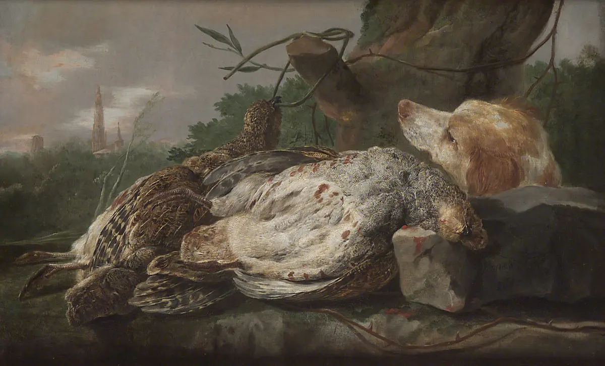 Tote Rebhühner mit Jagdhund