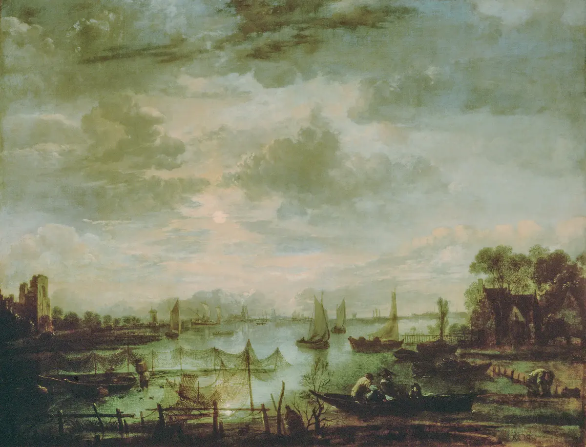 Flusslandschaft mit Schiffen bei Mondschein