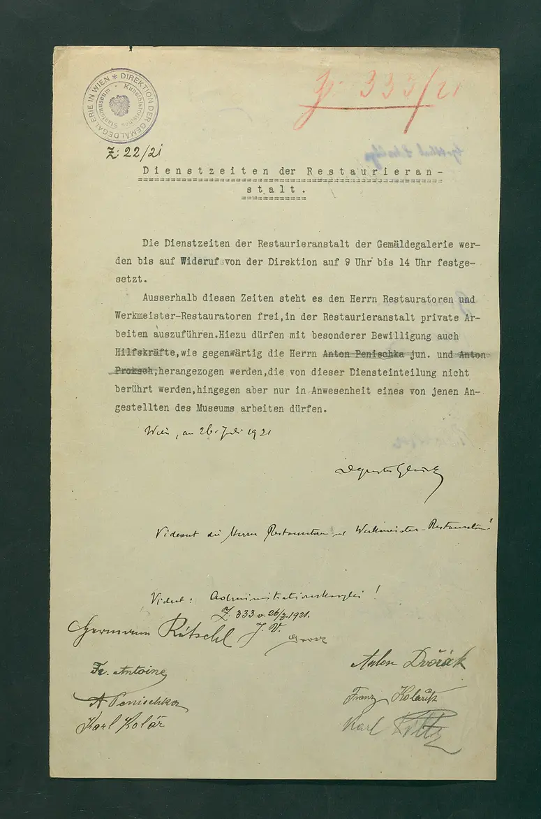 Dienstzeiten der Restaurieranstalt