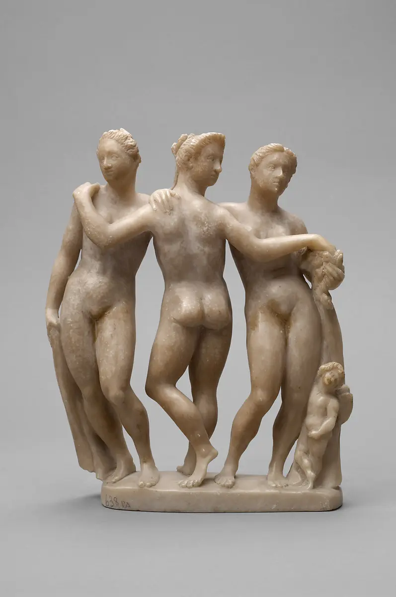 Die drei Grazien (Chariten) und Amor