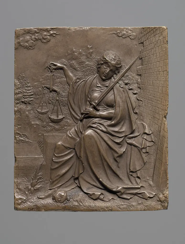 Justitia aus einer Folge von Tugenden-Allegorien; Relief; Goldschmiedemodelle