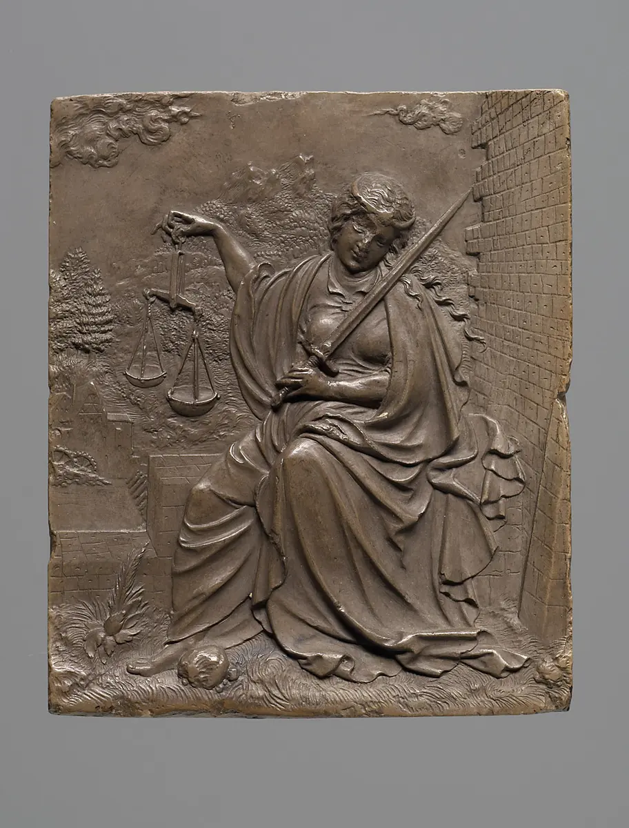 Justitia aus einer Folge von Tugenden-Allegorien; Relief; Goldschmiedemodelle