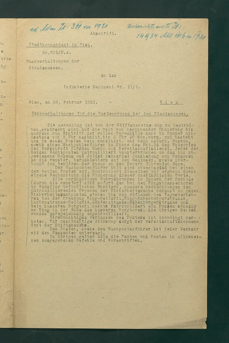 Wachverhaltungen für die Postengruppe bei den Staatsmuseen (Abschrift)