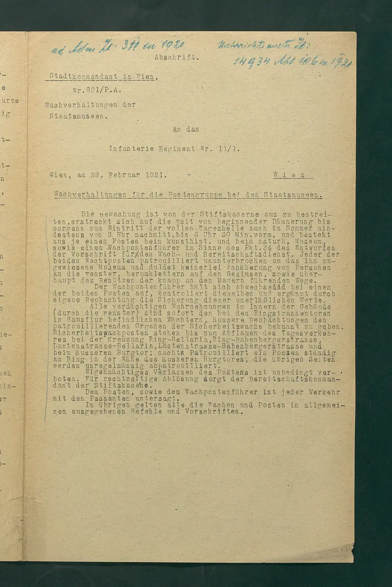 Wachverhaltungen für die Postengruppe bei den Staatsmuseen (Abschrift)