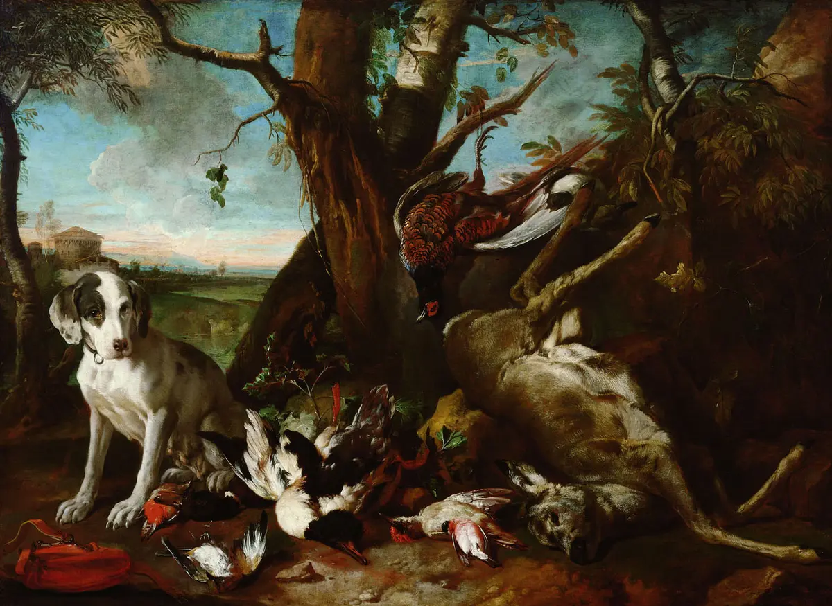 Totes Wild, von einem Jagdhund bewacht