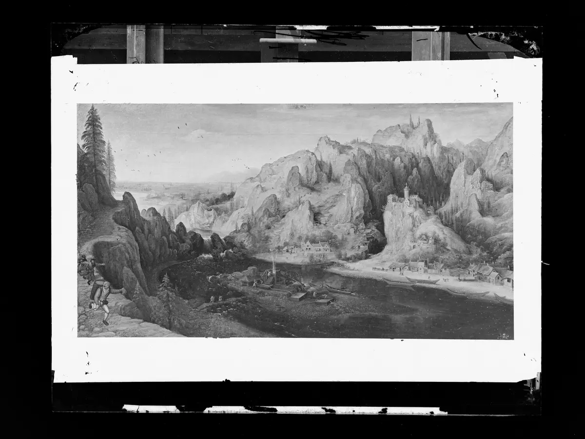 Gebirgslandschaft mit räuberischem Überfall und Stuckofen