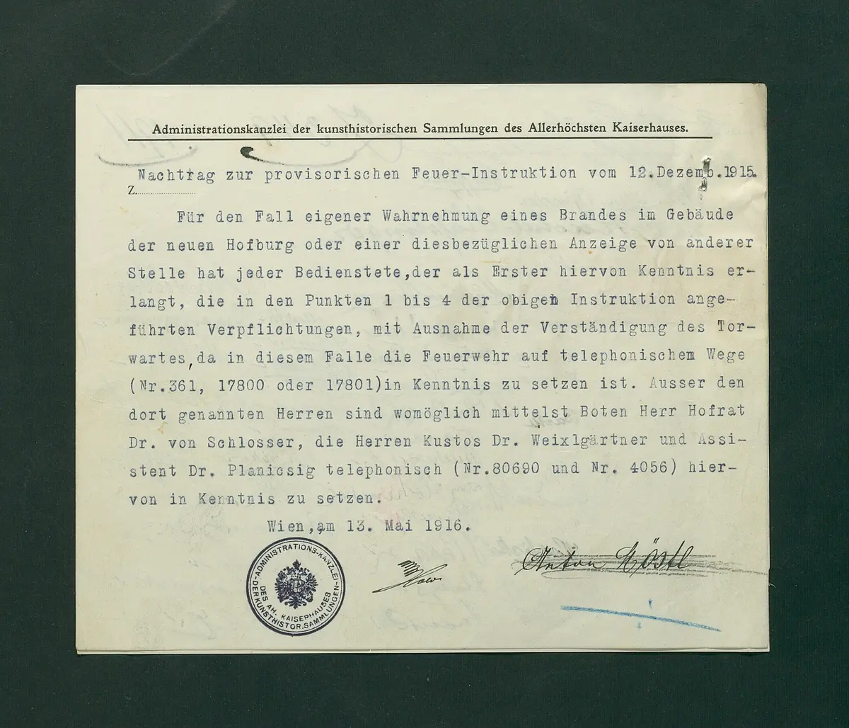 Feuerwachordnung für das Kunsthistorische Museum