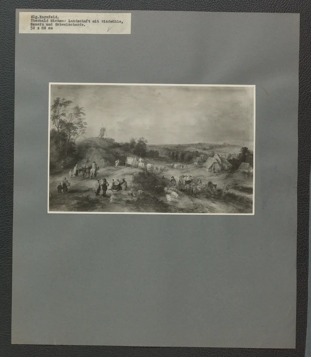 Theobald Michau, Landschaft mit Windmühle, Bauern und Schweineherde. 83 x 54 cm