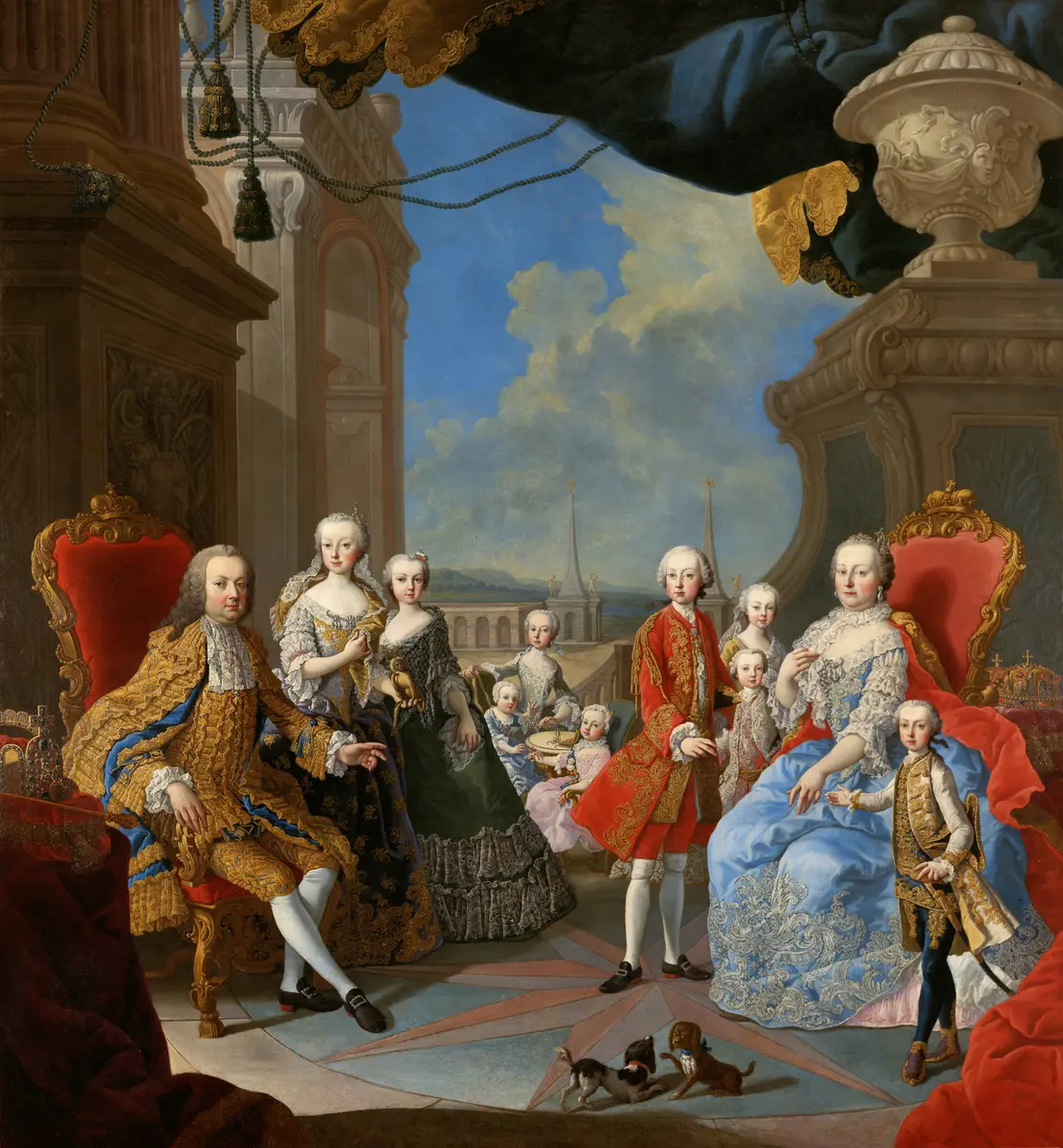 Maria Theresia und Franz I. Stephan mit 4 Söhnen und 5 Töchtern auf der Schlossterrasse