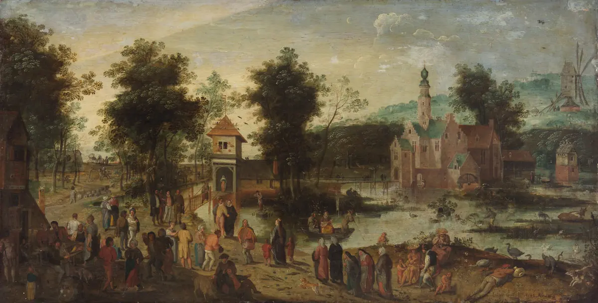 Landschaft mit Schloss und Wirtshaus