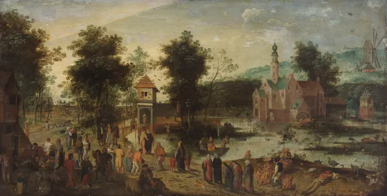 Landschaft mit Schloss und Wirtshaus