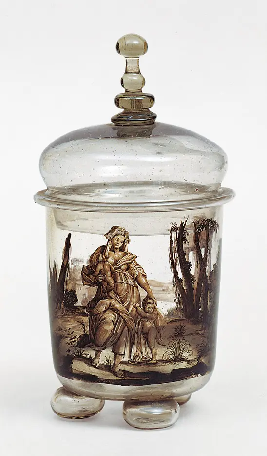 Deckelbecher mit Caritas und Ruinenlandschaft