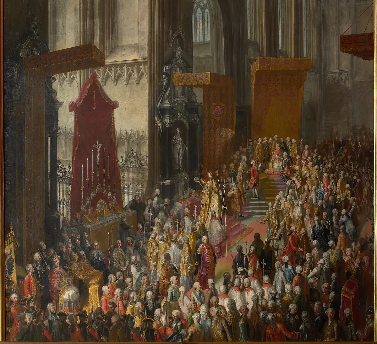 Ritterschlag von Joseph II. (1741-1790) im Bartholomäusdom zu Frankfurt nach der Krönung (1764)