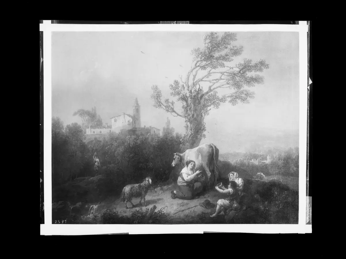 Landschaft mit Mädchen und Kühen