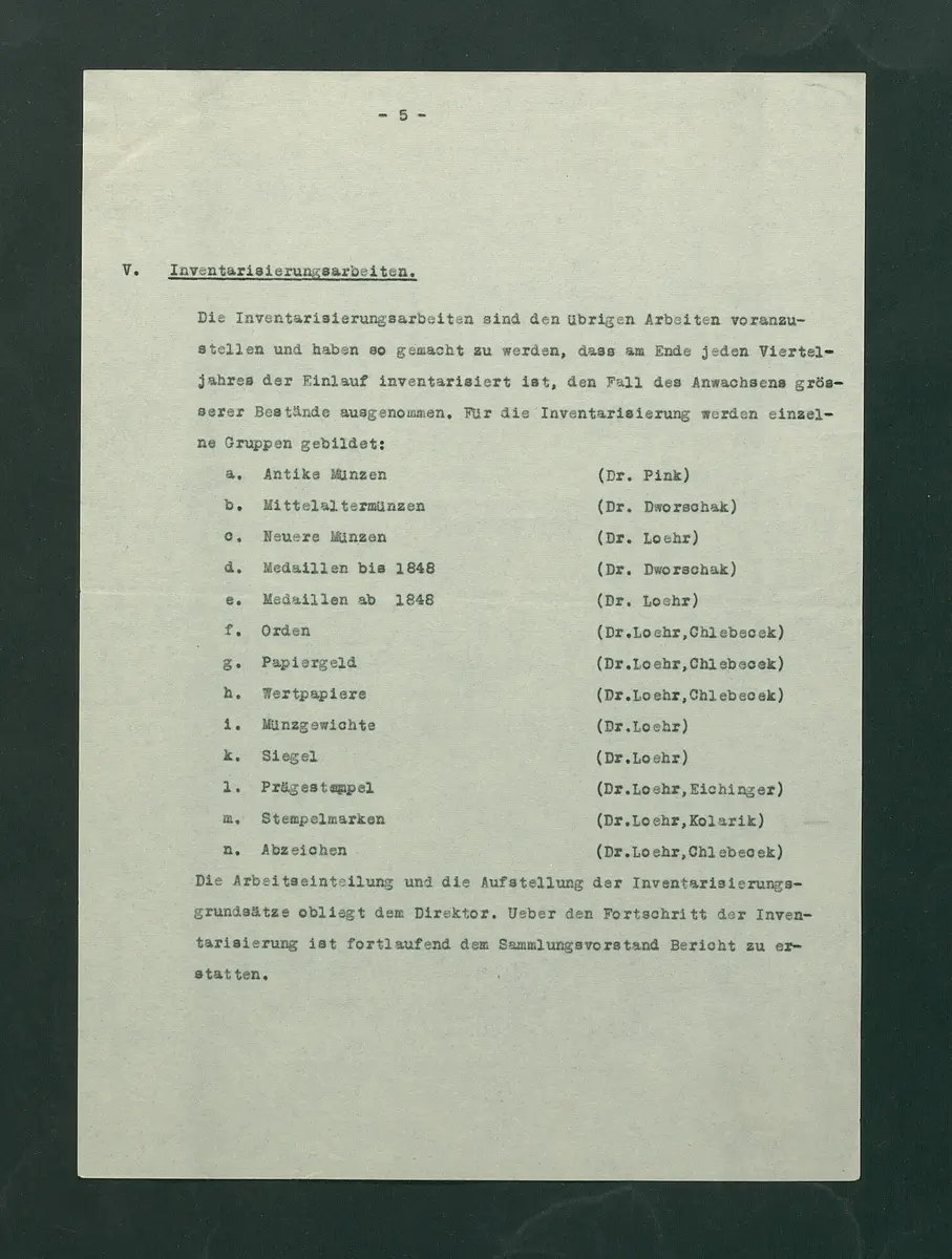 Dienstvorschriften für die Sammlung von Medaillen, Münzen und Geldzeichen
