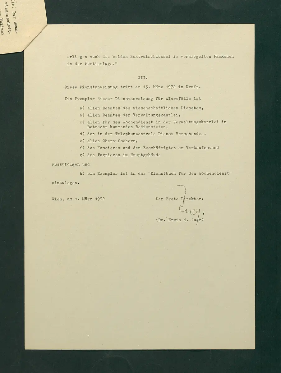 Dienstordnung für Alarmfälle im Hauptgebäude des Kunsthistorischen Museums