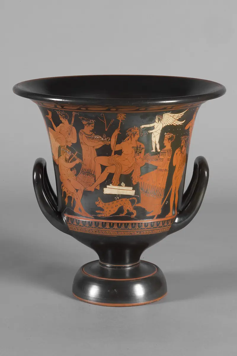 Dionysos zwischen Himeros, Mänaden und Silenen