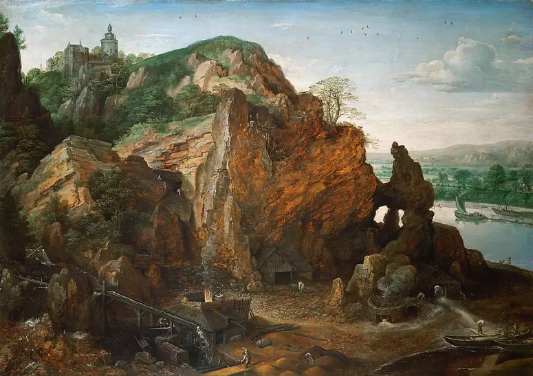 Maaslandschaft mit Bergwerk und Schmelzhütten