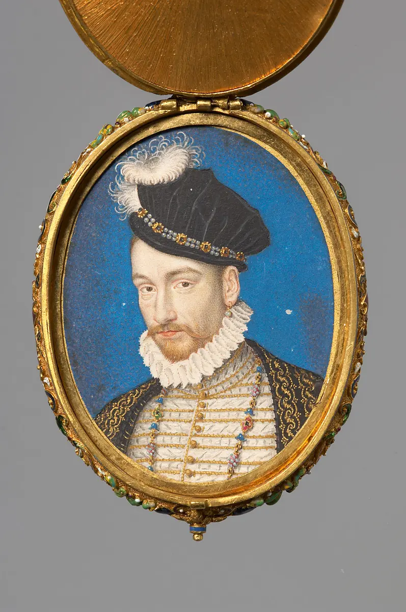 Medaillonkapsel mit den Miniaturbildnissen von Karl IX. v. Frankreich (1550-1574) und seiner Mutter Katharina de´ Medici