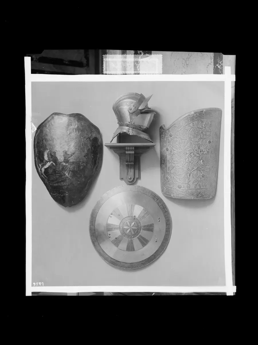 Bemalter Schildkrötenpanzer; Steifer Vorschnallbart; Rundschild; Ungarische Flügeltartsche; Helm