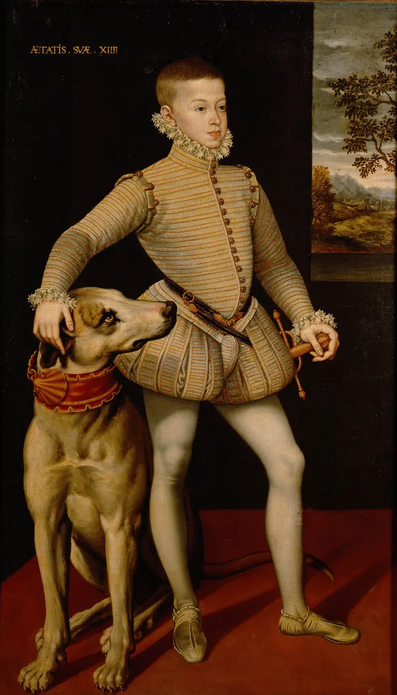 Erzherzog Albrecht VII. (1559-1621) im Alter von 14 Jahren mit einer Dogge, in ganzer Figur