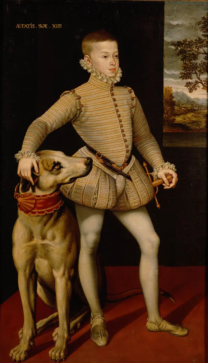 Erzherzog Albrecht VII. (1559-1621) im Alter von 14 Jahren mit einer Dogge, in ganzer Figur