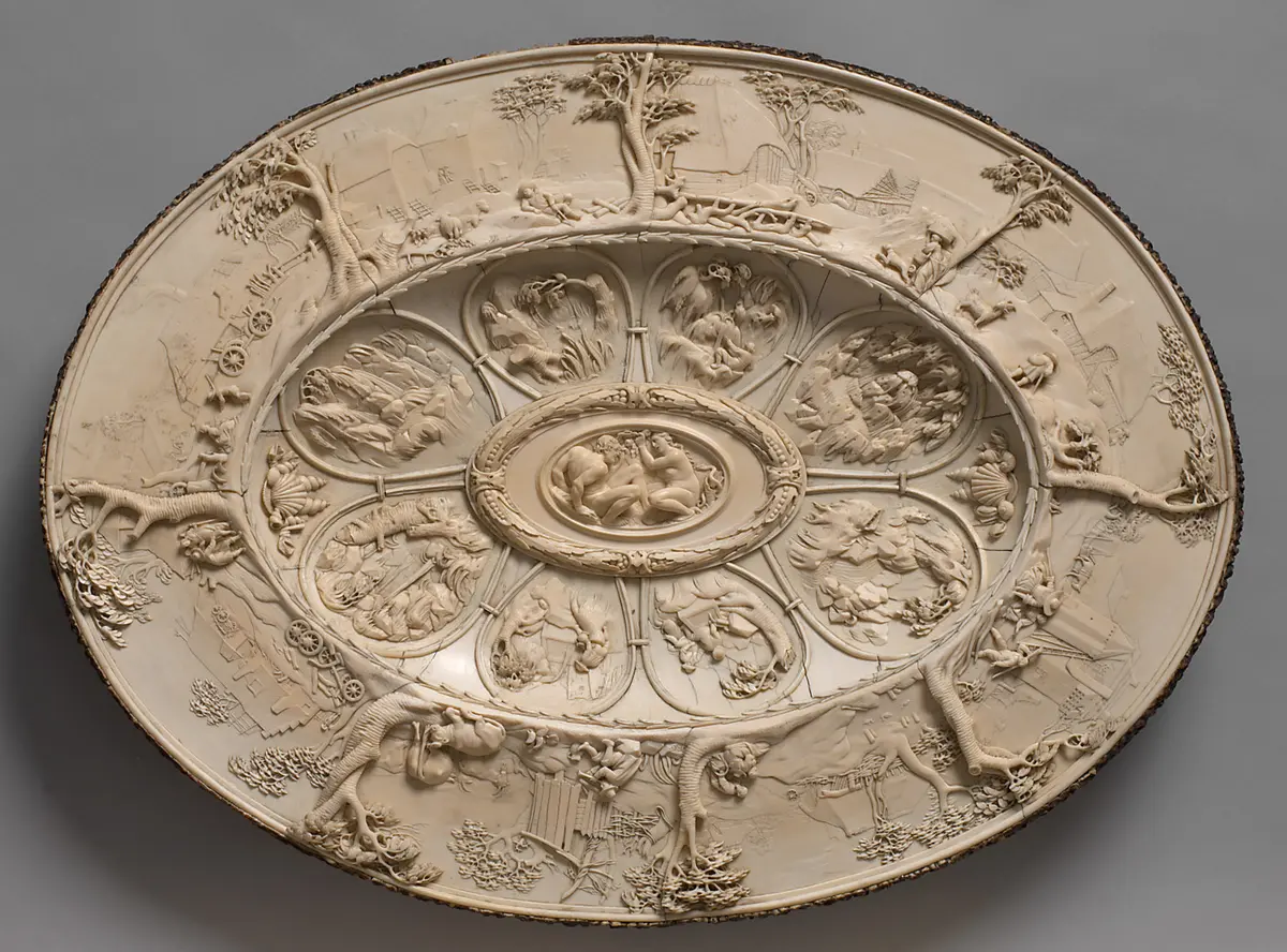 Prunkschale aus Elfenbein mit ländlichen Szenen, Landschaften und Adam und Eva