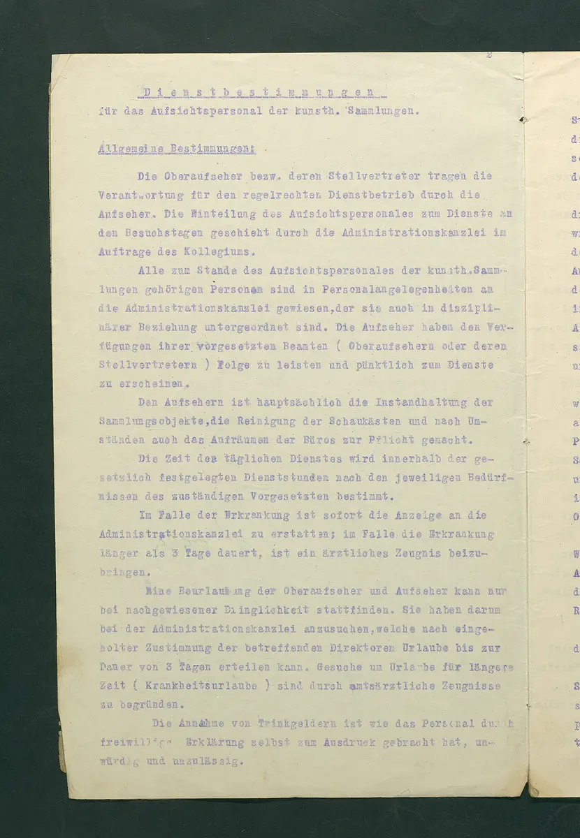 Dienstbestimmungen für das Aufsichtspersonal in den Sammlungen
