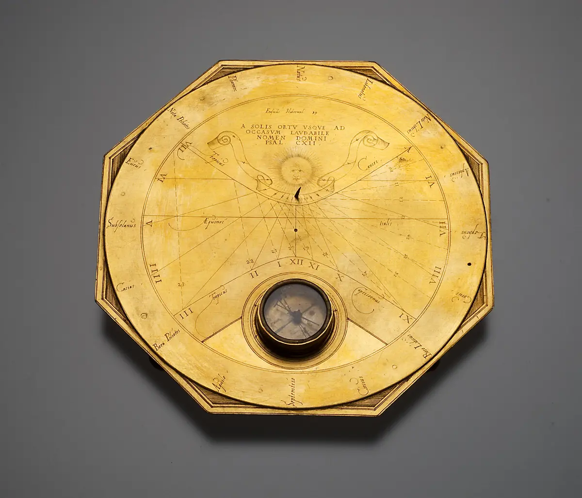 Achteckige, horizontale Tischsonnenuhr mit Zeitumwandlungsdiagramm