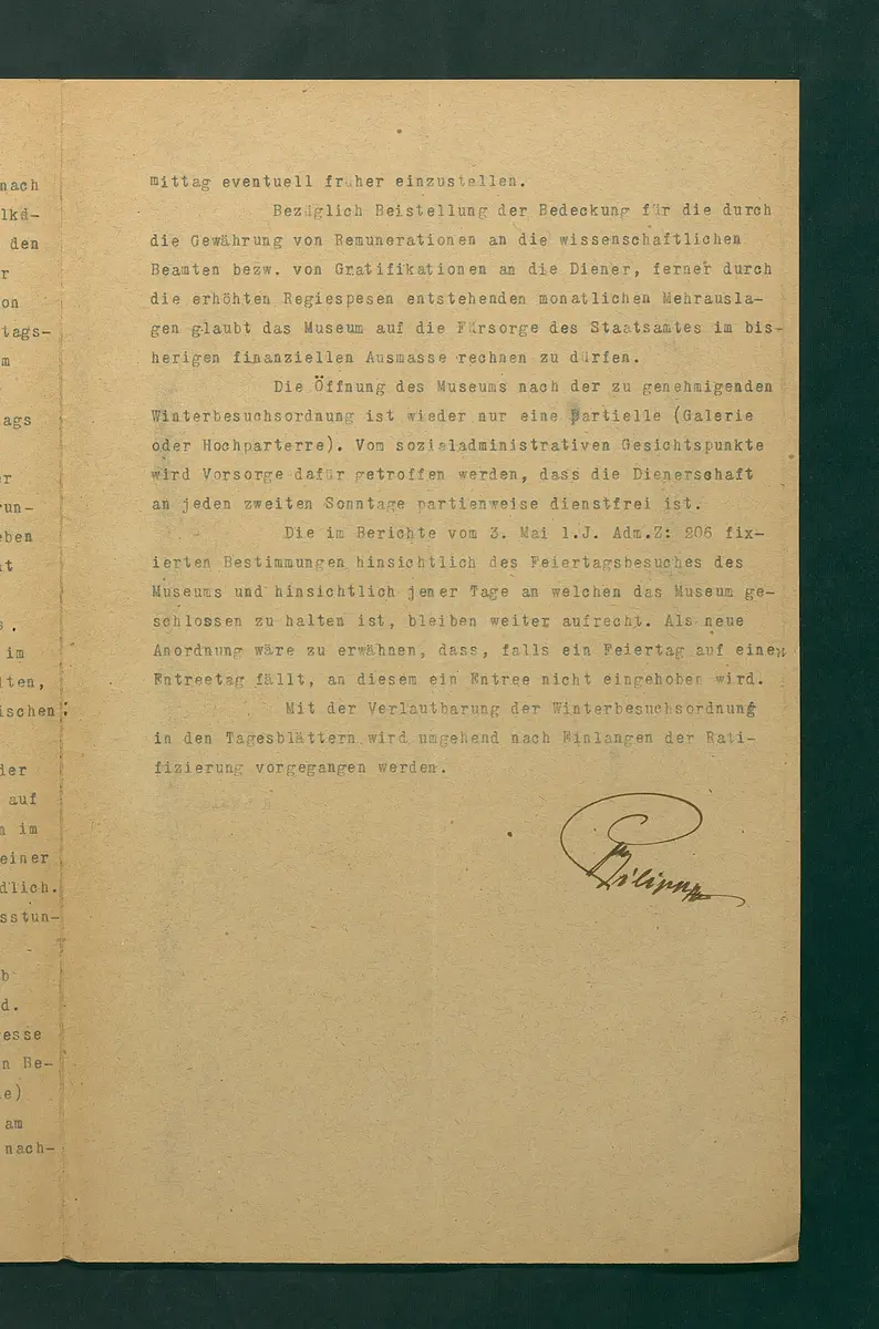 Entwurf einer Besuchsordnung für das Kunsthistorische Museum, Winter 1919/20