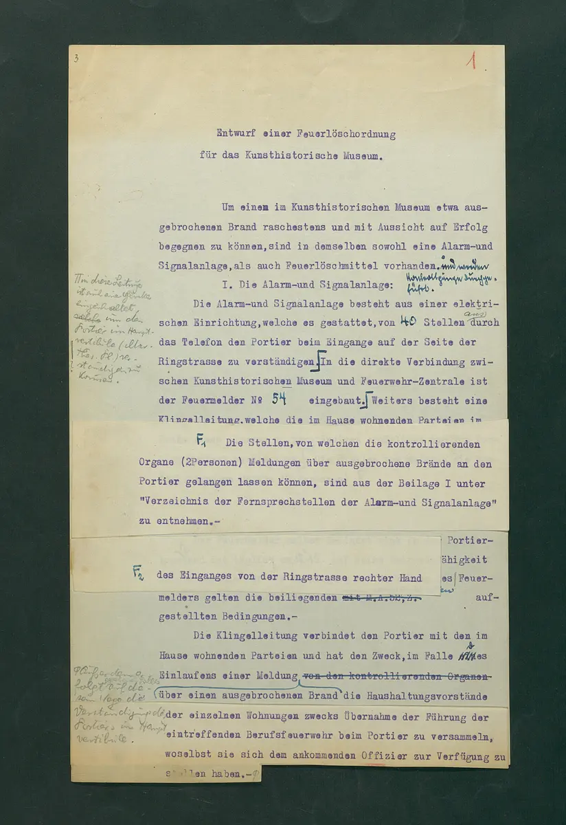 Entwurf einer Feuerlöschordnung für das Kunsthistorische Museum, 1926