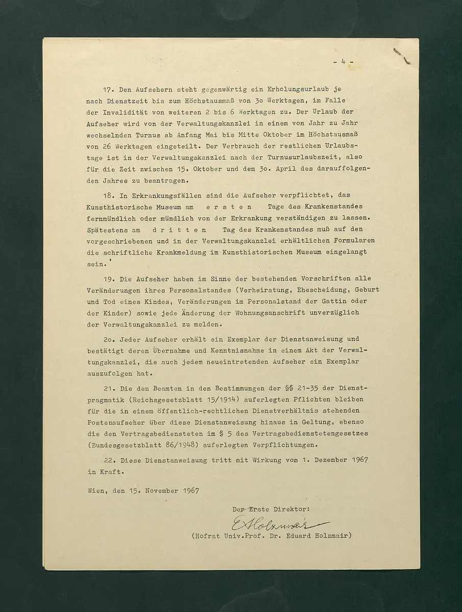 Dienstanweisungen für Postenaufseher, Portiere, die Telephonzentrale, Oberaufseher, Nachtportiere und Nachtaufseher, für den Wochendienst der Beamten und der Verwaltungskanzlei