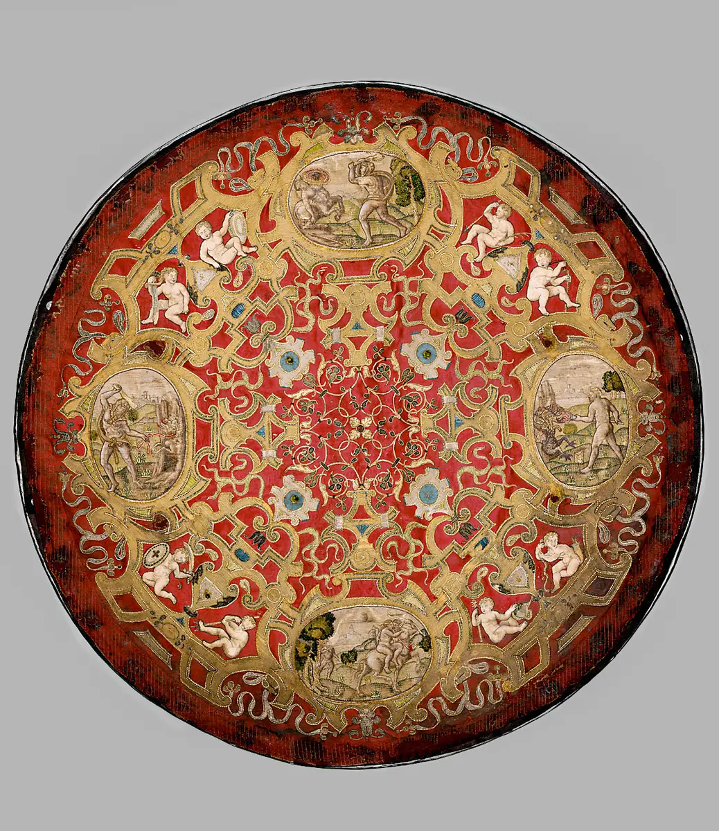 Rundschild aus einem all'antica ensemble mit Sturmhaube