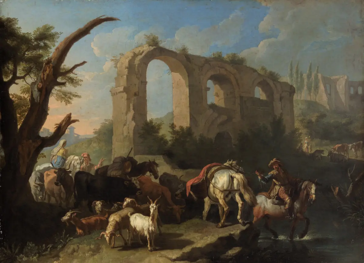 Italienische Landschaft mit Pferden und Hirten