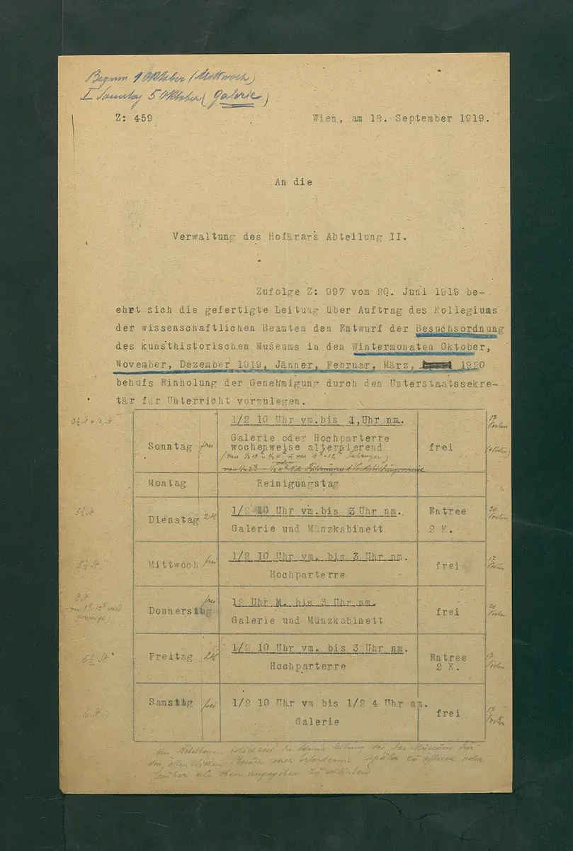 Entwurf einer Besuchsordnung für das Kunsthistorische Museum, Winter 1919/20