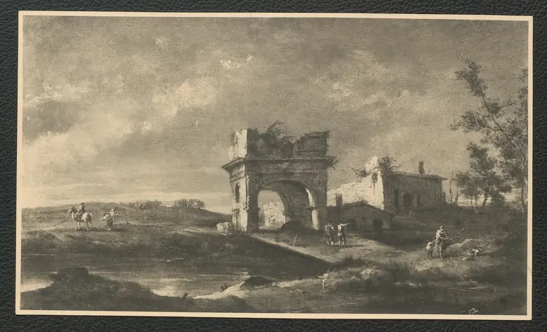 Landschaft, mit Ruinen staffiert, Nachahmer des Guardi, italienisch, 18. Jhdt. Öl-Leinwand. 31 x 50,5 cm