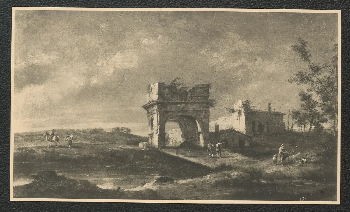 Landschaft, mit Ruinen staffiert, Nachahmer des Guardi, italienisch, 18. Jhdt. Öl-Leinwand. 31 x 50,5 cm