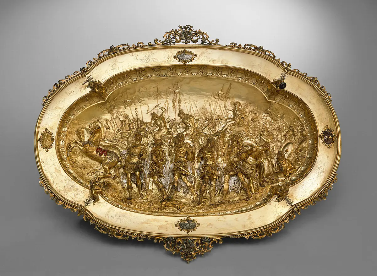 Prunkbecken mit Darstellung des Triumpfzuges von Amor; Becken der sogenannten Trionfi-Garnitur